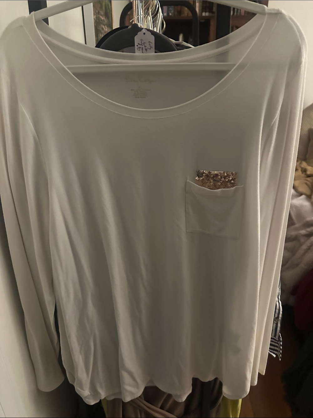 Lilly Pulitzer Cream Long-Sleeve Top with Gold Sequin Pocket